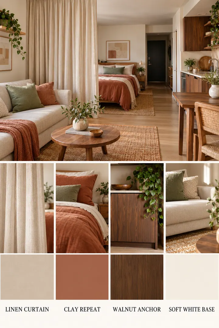 Color Palette Guide of studio curtain divider colors in Studio showing choose a textile color repeated in bedding rug and one accent.