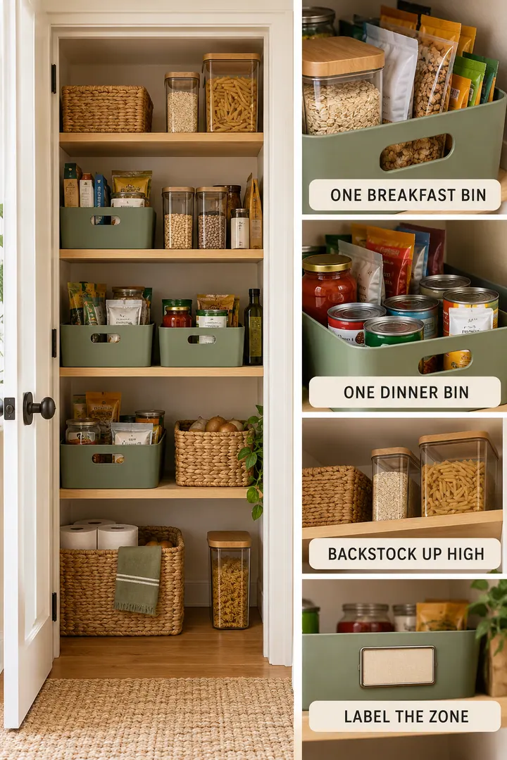 Editorial Educational Collage of small pantry organization in Kitchen showing group staples by use in handled bins.