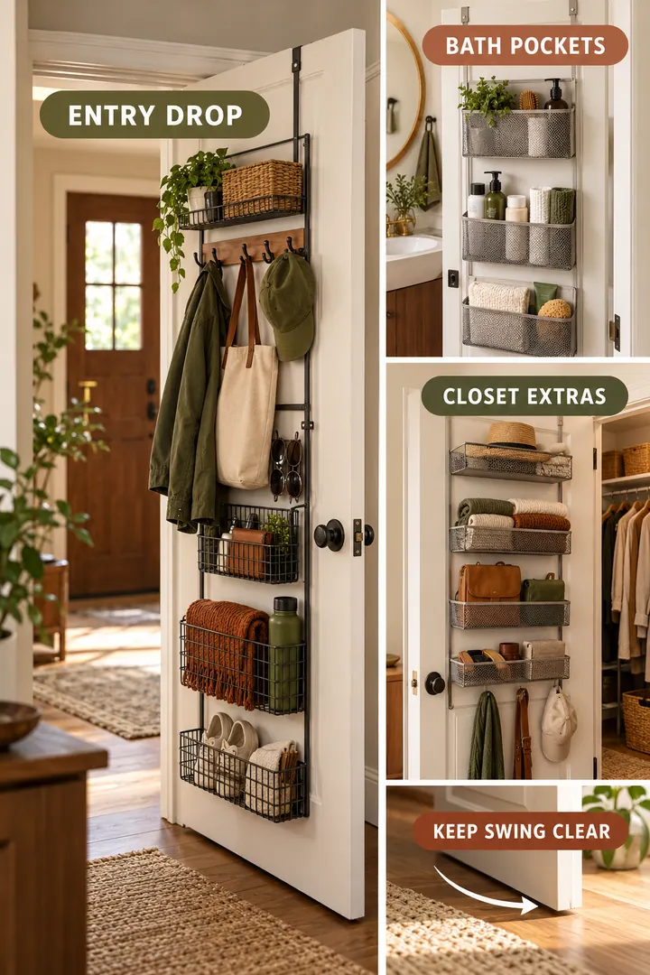Editorial Educational Collage of behind the door storage in Multi-room showing assign shallow organizers to door backs.