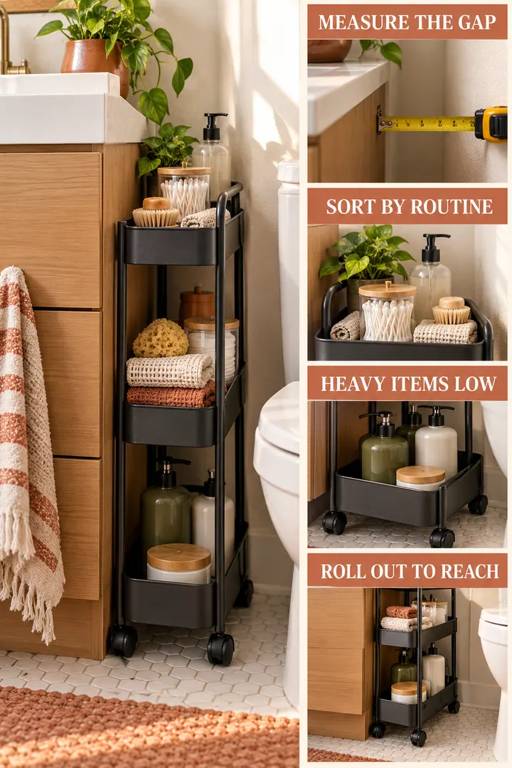 Editorial Educational Collage of slim rolling cart storage in Bathroom showing use a measured mobile tiered cart.
