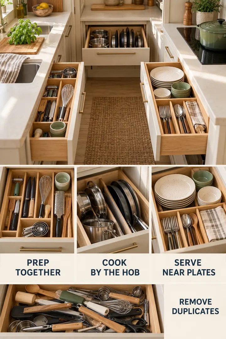 Editorial Educational Collage of small kitchen drawer organization in Kitchen showing create task-based drawer and cabinet zones.