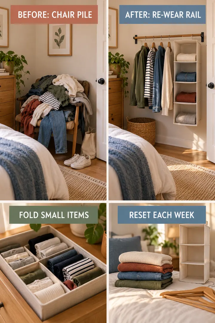 Editorial Educational Collage of small bedroom storage ideas in Bedroom showing add a re-wear rail and hanging wardrobe organizer.