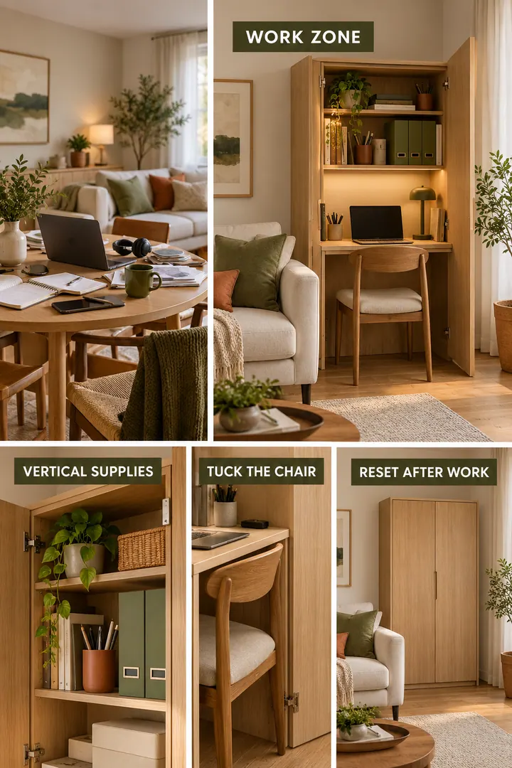 Editorial Educational Collage of small apartment office corner in Living room showing create a contained desk zone with vertical supply storage.