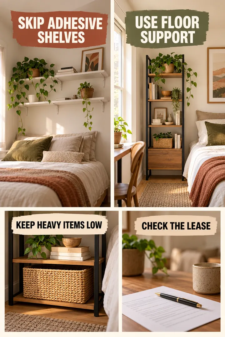 Editorial Educational Collage of no drill storage alternatives in Studio showing use floor-supported shallow storage instead of adhesive shelving.
