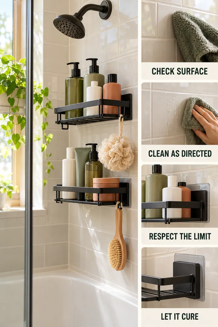 Editorial Educational Collage of no drill shower storage in Bathroom showing install a water-resistant caddy only on approved surfaces.