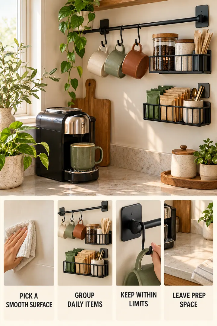 Editorial Educational Collage of renter friendly coffee station in Kitchen showing create a lightweight wall-side beverage zone with rated hooks and caddies.