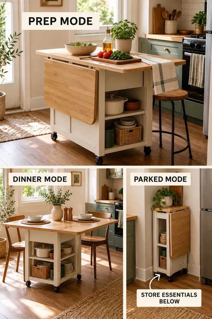 Editorial Educational Collage of mobile drop leaf table in Kitchen showing use a mobile drop-leaf table that changes between prep dining and parked modes.