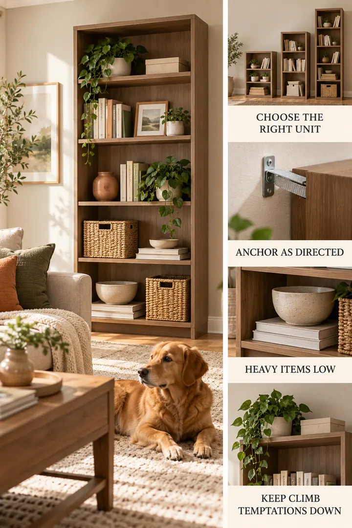 Editorial Educational Collage of safe tall storage for small rooms in Living room showing choose appropriately sized storage.
