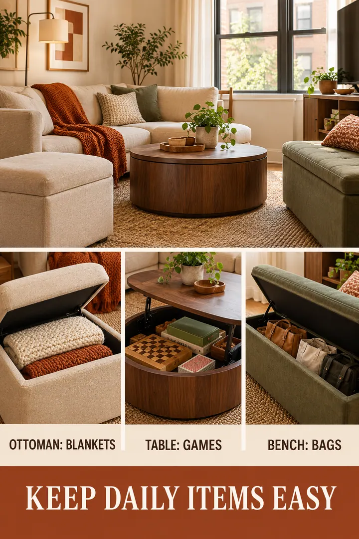 Editorial Educational Collage of hidden storage living room in Living room showing assign each category to one double-duty furniture piece.