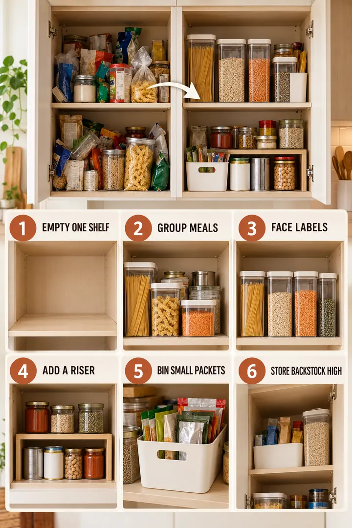 Numbered Ideas Infographic of small pantry organization in Kitchen showing create six visible categories and retrieval tools.