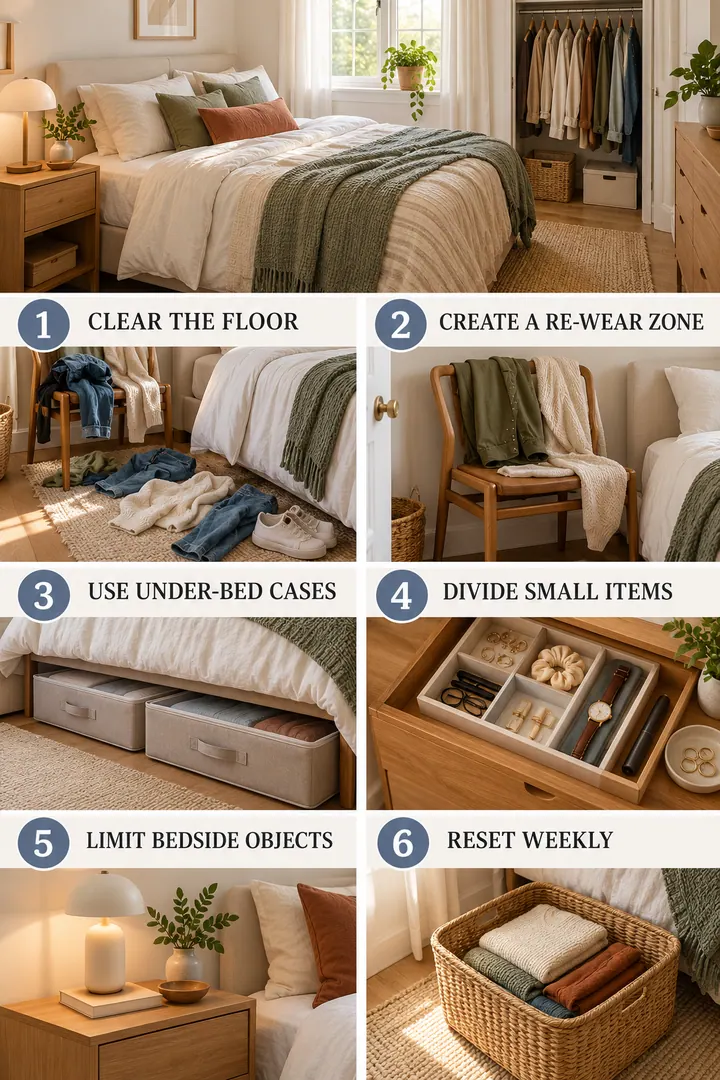 Numbered Ideas Infographic of small bedroom declutter in Bedroom showing reset six high-friction zones.