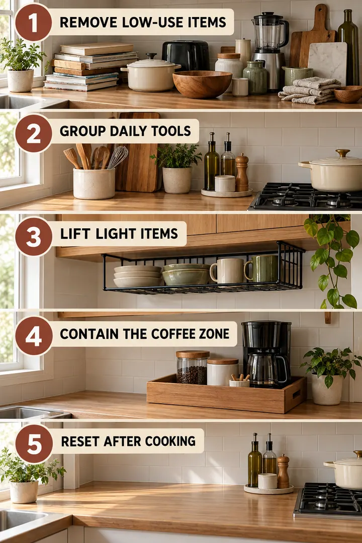Numbered Ideas Infographic of tiny kitchen organization in Kitchen showing prioritize keep relocate lift contain and reset.