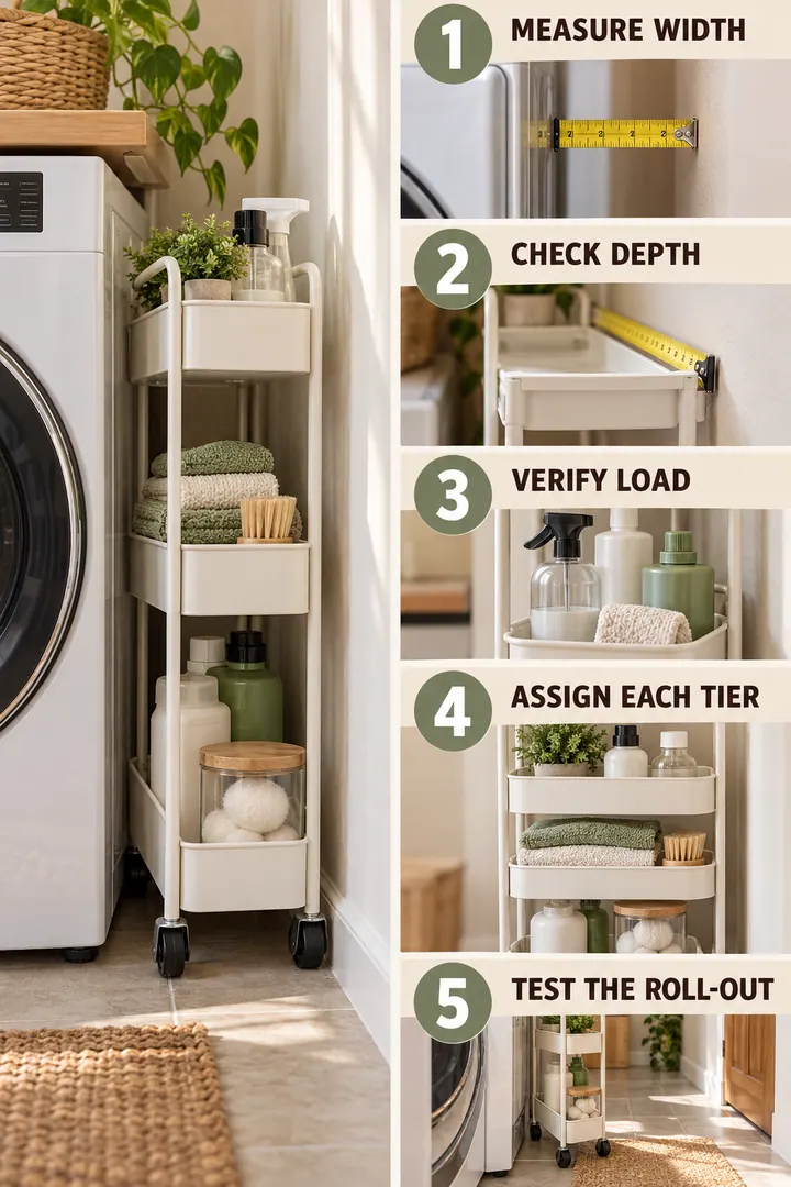 Numbered Ideas Infographic of slim rolling cart organization in Laundry showing measure assign zones load safely and keep rollout clearance.