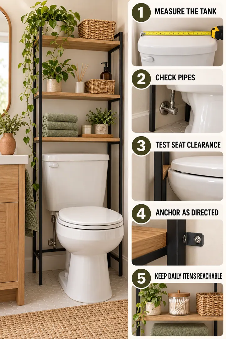 Numbered Ideas Infographic of over toilet shelf setup in Bathroom showing measure obstructions choose depth anchor and zone contents.