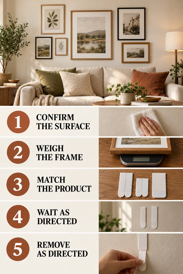 Numbered Ideas Infographic of removable picture hanging in Living room showing check wall cure surface frame weight instructions and removal.
