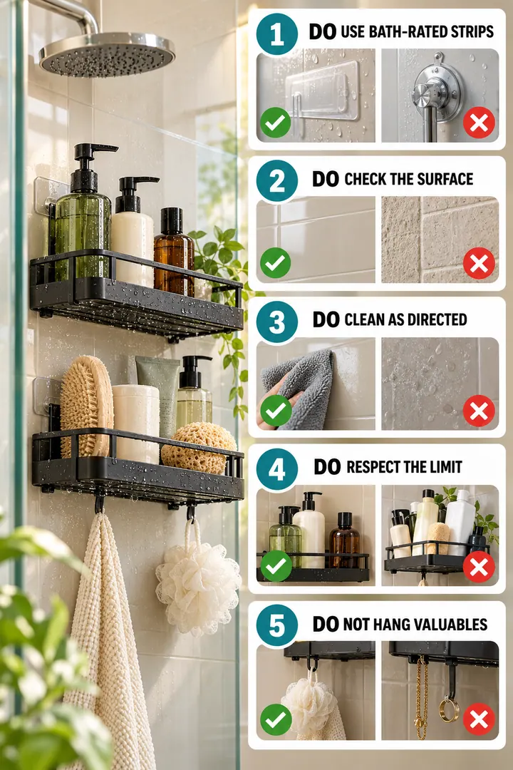 Numbered Ideas Infographic of no drill shower caddy in Bathroom showing pair five correct actions with common mistakes.