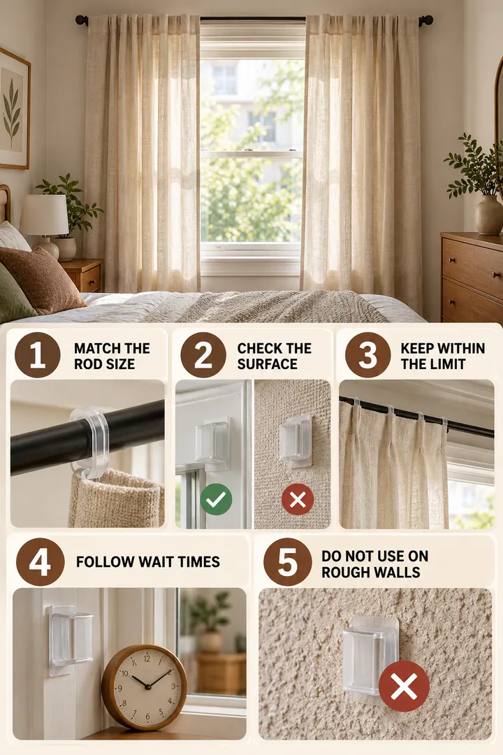 Numbered Ideas Infographic of no drill curtain rod in Bedroom showing pair product fit checks with common assumptions.