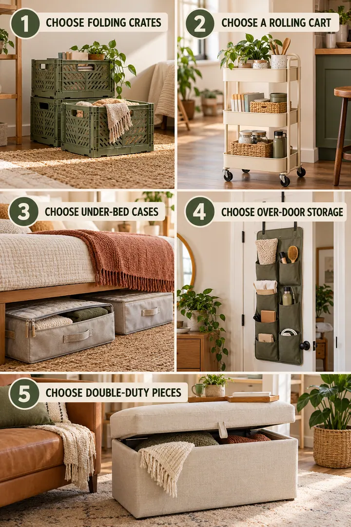 Numbered Ideas Infographic of moveable apartment storage in Whole home showing prioritize portable adjustable and multipurpose systems.