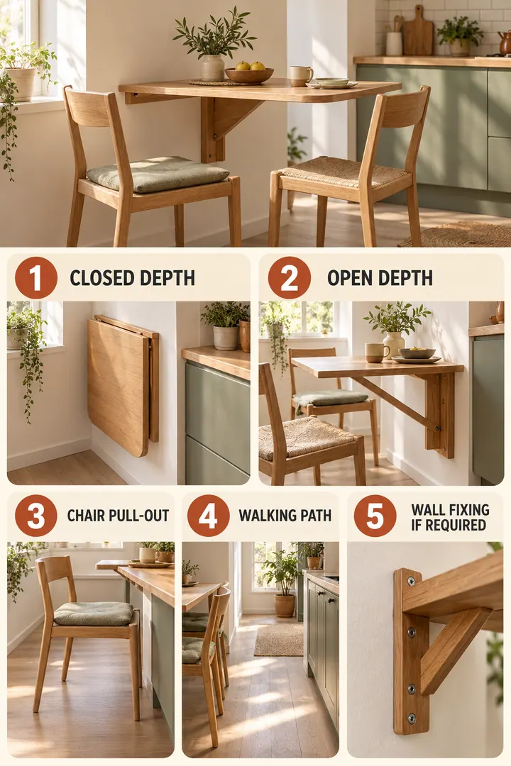 Numbered Ideas Infographic of folding table for small space in Kitchen showing measure closed open chair path storage and fixing needs.