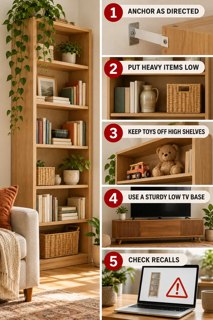 Numbered Ideas Infographic of tall storage safety in Whole home showing pair storage benefits with cpsc-aligned safety actions.