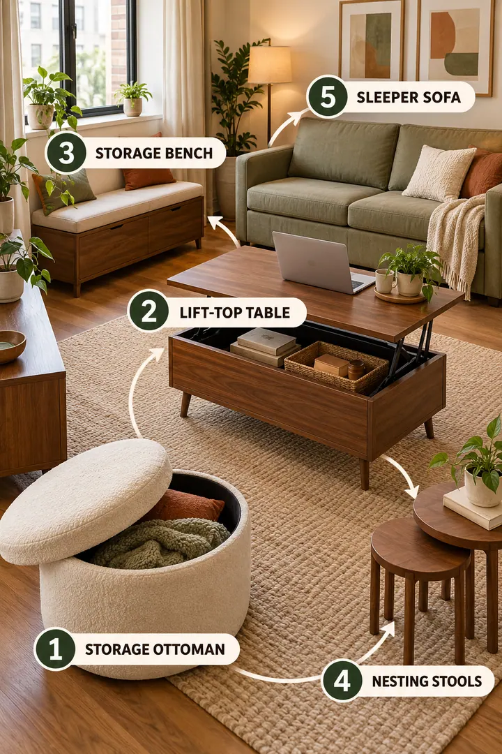 Numbered Ideas Infographic of double duty furniture in Living room showing assign multiple functions before purchasing.
