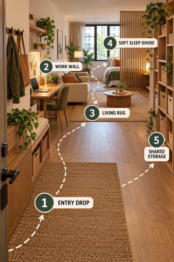 Numbered Ideas Infographic of studio apartment zones in Studio showing create a five-stop path from entry to work living sleep and storage.