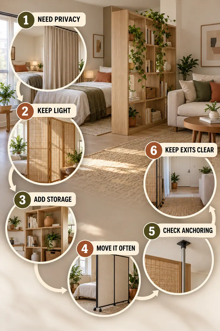 Numbered Ideas Infographic of room divider checklist in Studio showing score need light storage mobility safety and exit clearance.