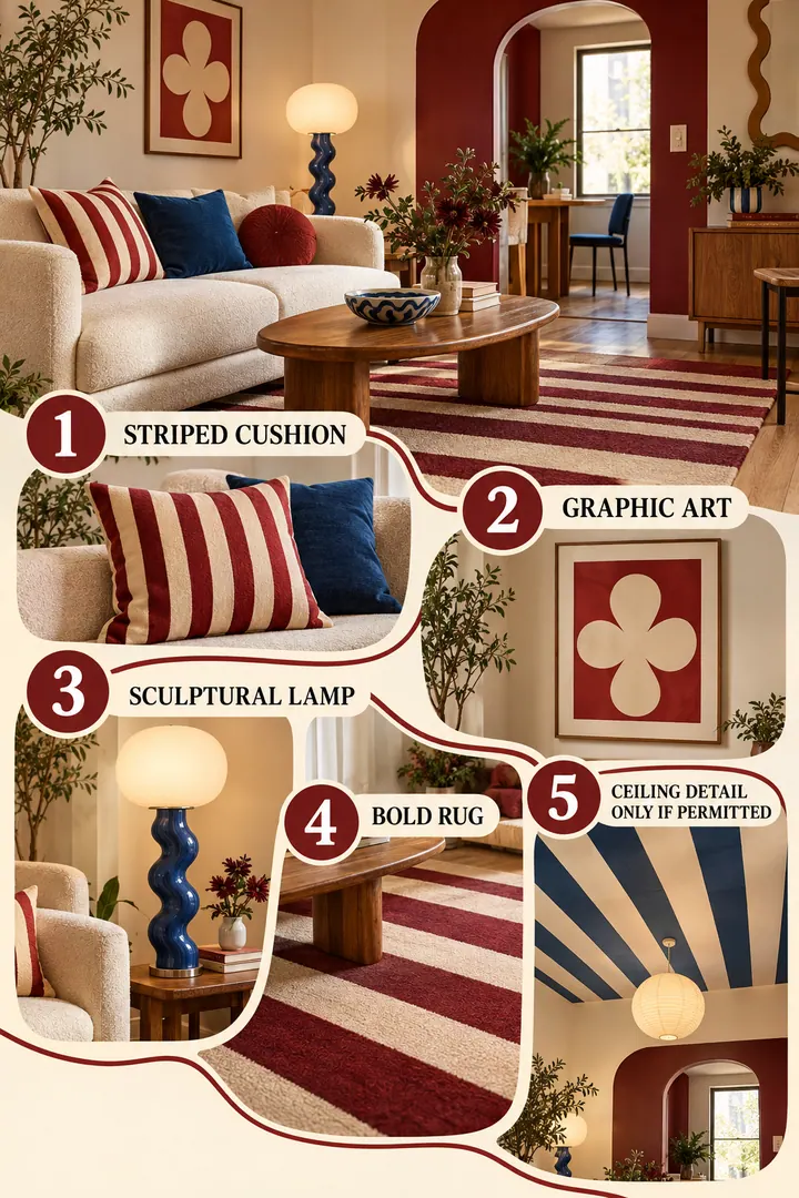 Numbered Ideas Infographic of fun haus apartment decor in Living room showing translate the signal into five escalating low-to-high commitment moves.