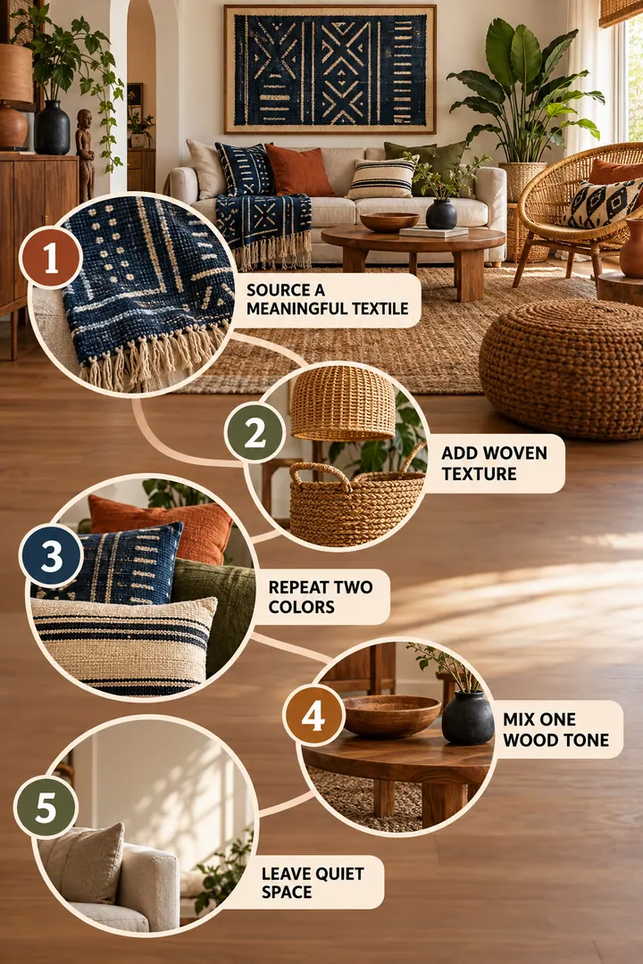 Numbered Ideas Infographic of afrohemian decor ideas in Living room showing start with a sourced textile then build material color and negative-space layers.