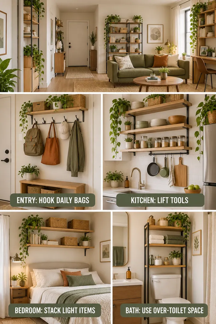 Room-by-Room Visual Guide of vertical storage ideas in Whole home showing use appropriate vertical zones by room.
