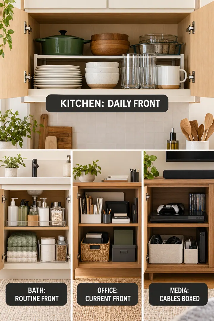 Room-by-Room Visual Guide of small home cabinet organization in Whole home showing assign front middle and back by frequency.