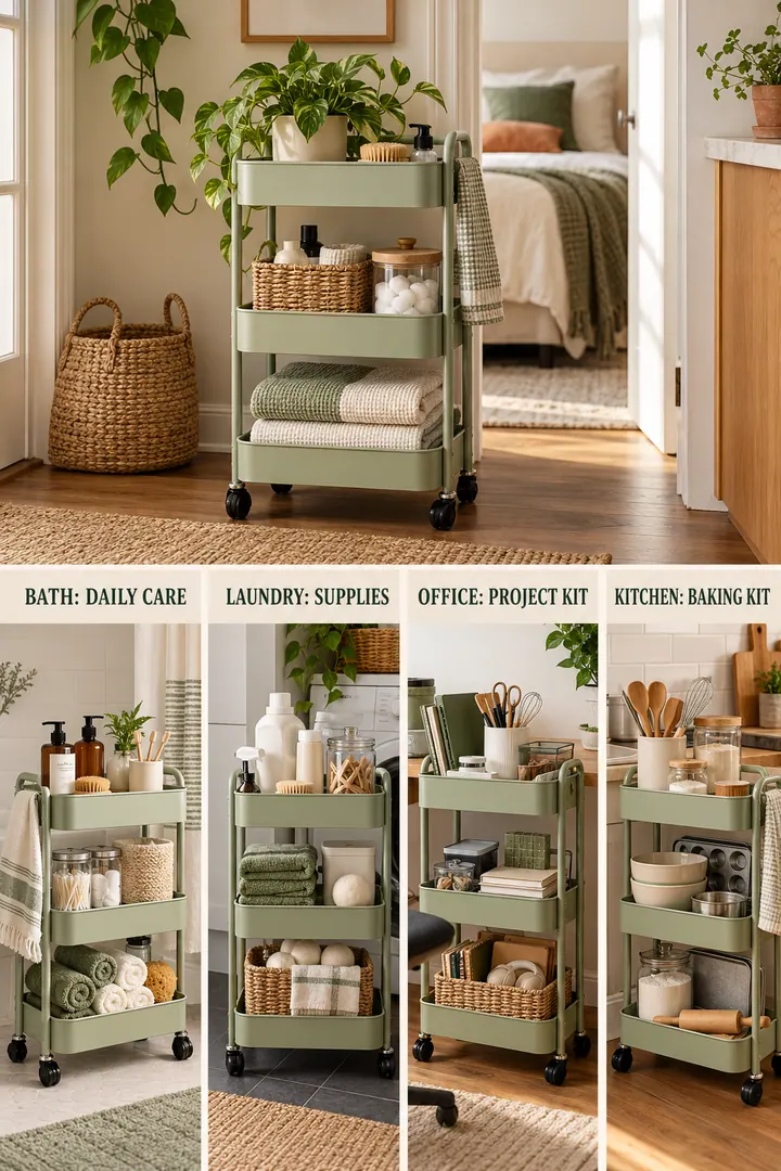 Room-by-Room Visual Guide of rolling cart organization in Whole home showing assign one movable cart to a single routine.