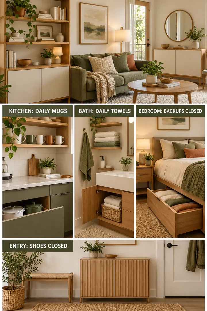 Room-by-Room Visual Guide of open and closed storage in Whole home showing keep daily objects open and backups closed.
