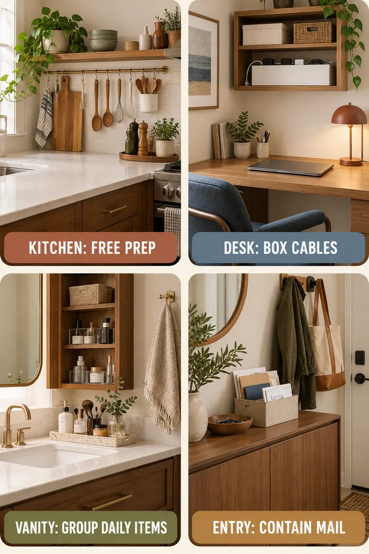 Room-by-Room Visual Guide of clear surface organization in Whole home showing create nearby vertical or closed homes before clearing surfaces.