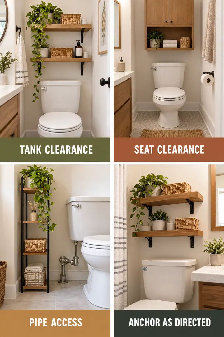 Room-by-Room Visual Guide of over toilet storage in Bathroom showing use shallow over-toilet or adjacent vertical storage where safe.