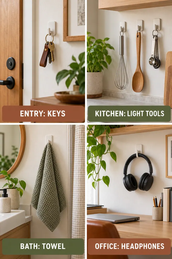 Room-by-Room Visual Guide of renter wall organization in Whole home showing use product-rated hooks only where surface and weight allow.