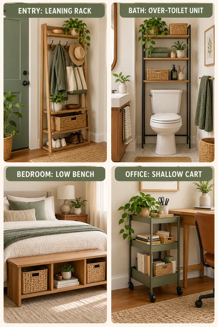 Room-by-Room Visual Guide of freestanding storage ideas in Whole home showing choose shallow floor-supported pieces and keep heavy items low.
