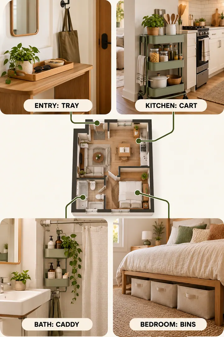 Room-by-Room Visual Guide of damage free apartment organization in Whole home showing start with movable bins carts and product-rated lightweight hooks.