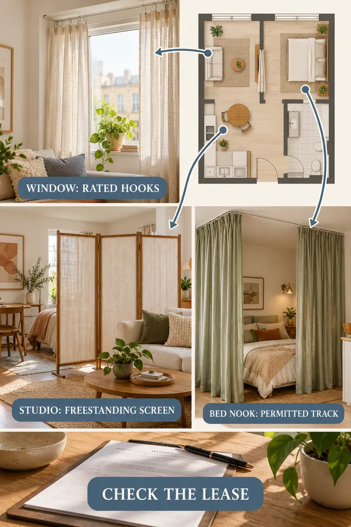 Room-by-Room Visual Guide of no drill curtain ideas in Whole home showing use product-compatible window hooks or freestanding textile screens.