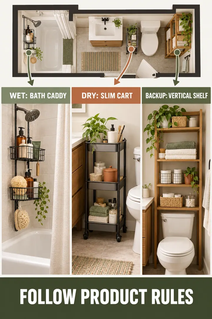 Room-by-Room Visual Guide of renter friendly bathroom storage in Bathroom showing combine bath-rated caddy movable cart and floor-supported vertical unit.