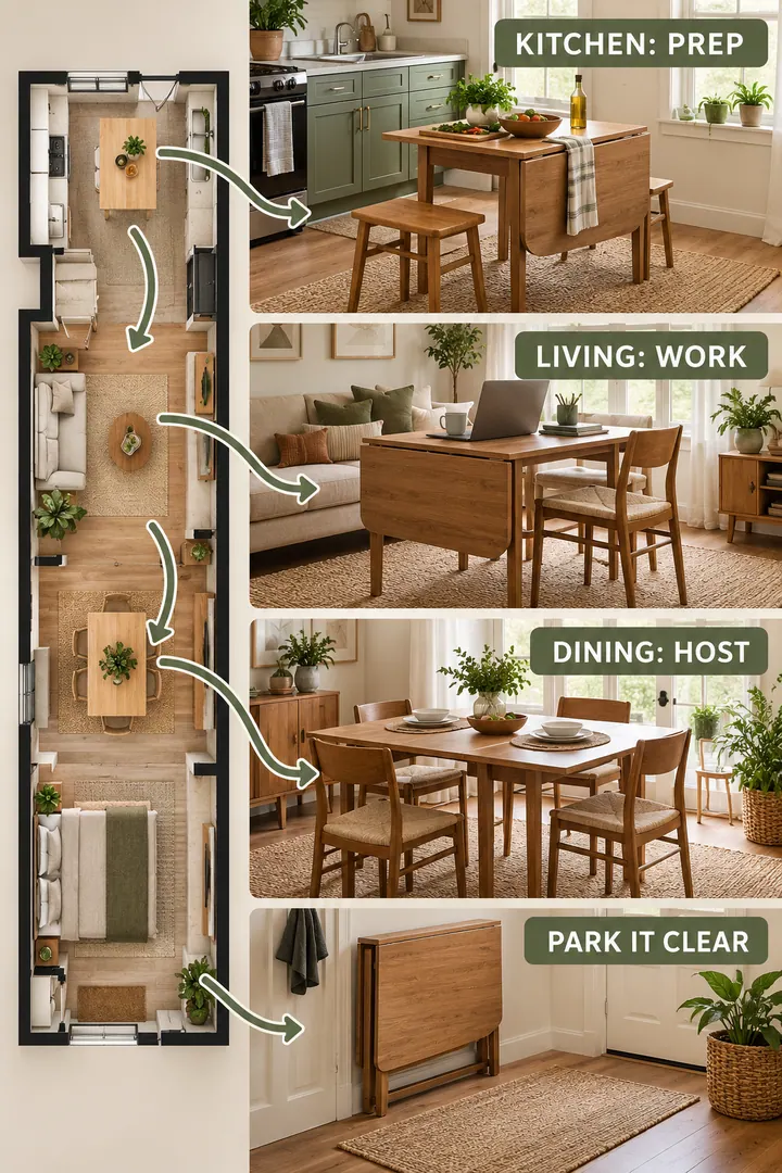 Room-by-Room Visual Guide of folding table uses in Whole home showing move or fold one table between appropriate zones.