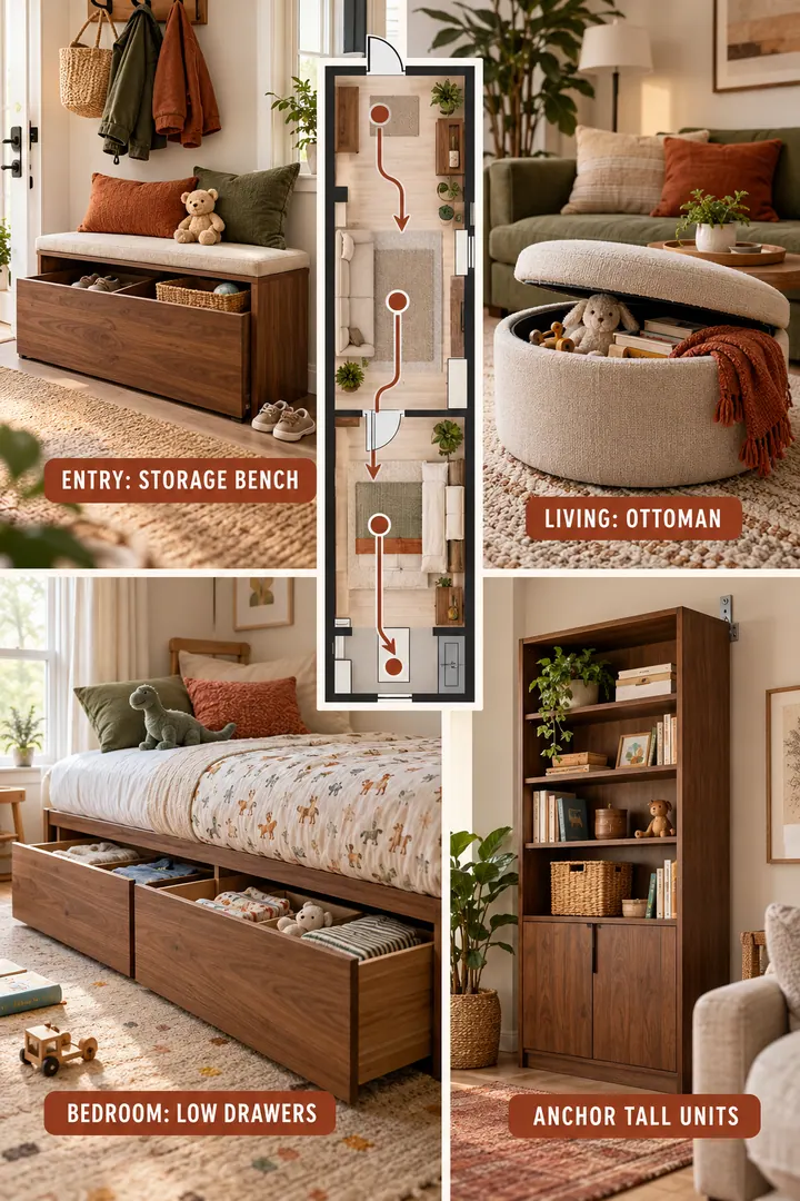 Room-by-Room Visual Guide of small space storage furniture in Whole home showing use lower double-duty pieces and reserve tall storage for anchored locations.