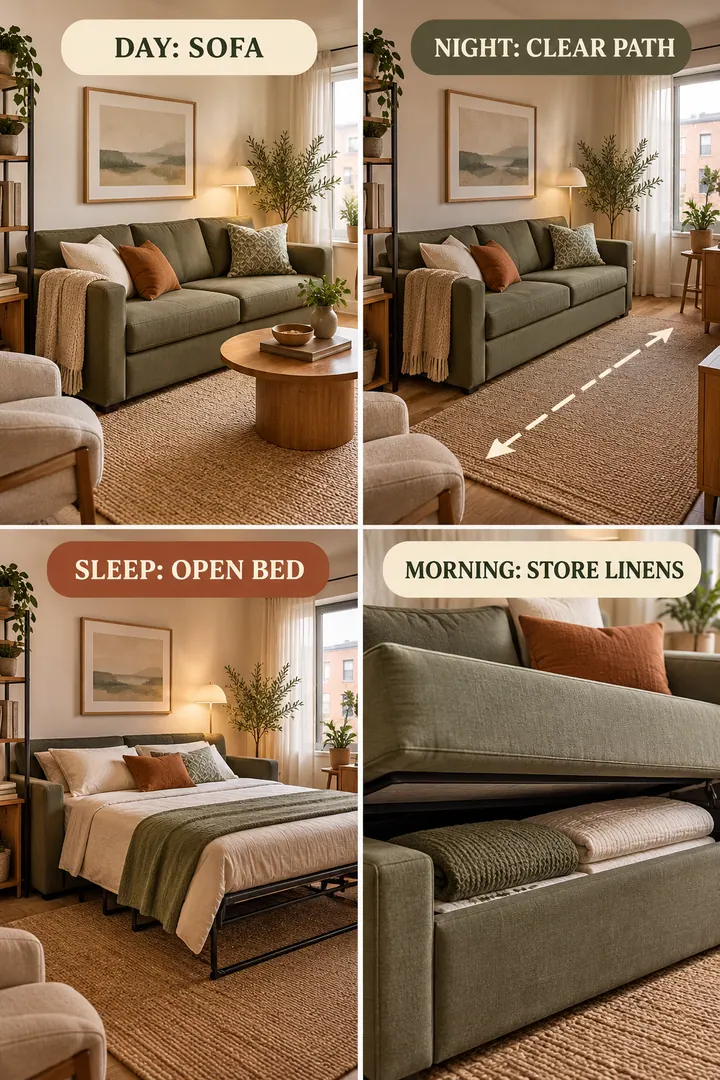 Room-by-Room Visual Guide of small apartment sleeper sofa in Living room showing choose a sofa-bed and protect its opening path.