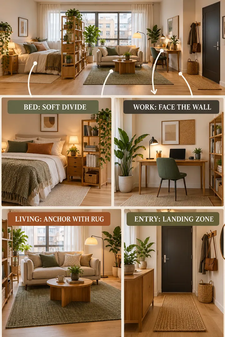 Room-by-Room Visual Guide of studio apartment zoning in Studio showing use rug orientation open shelving and lighting to define zones.