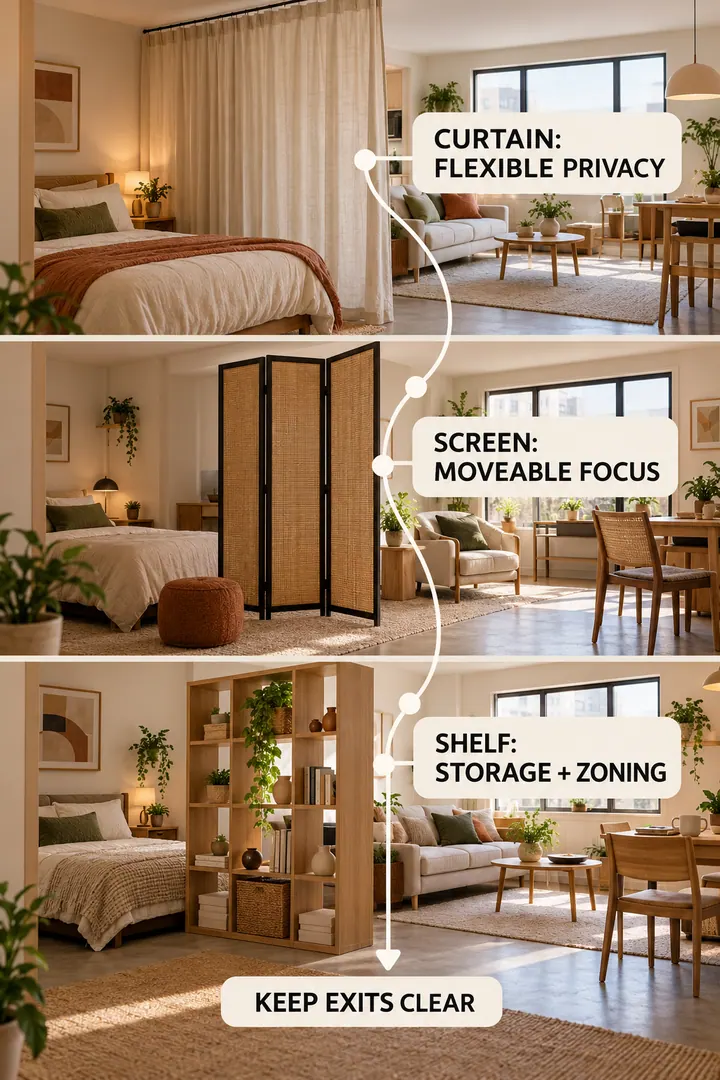 Room-by-Room Visual Guide of studio privacy ideas in Studio showing match soft screen or shelf divider to privacy light and storage needs.