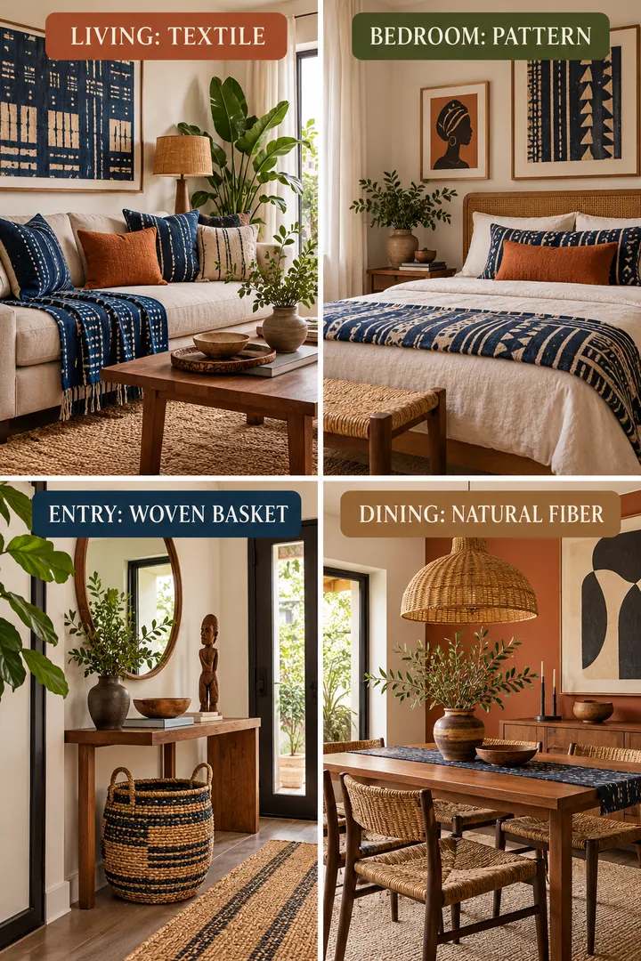 Room-by-Room Visual Guide of afrohemian home decor in Whole home showing let one material lead in each room while repeating a shared color.